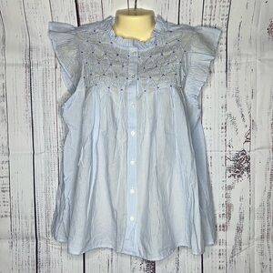 LOFT Ann Taylor NWT L Stripe - Pink Embroidered Ruffle Sleeve Button Down Shirt